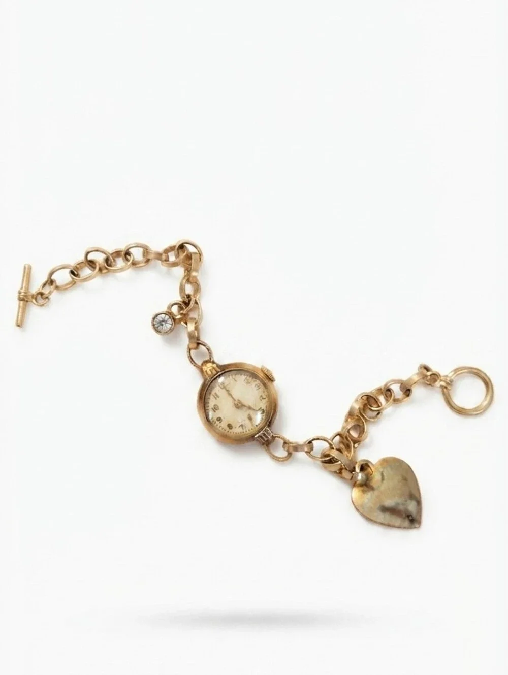 Vintage Gold Tone Charm Bracelet Watch with Heart Charm & Toggle Clasp, Mid-Cent